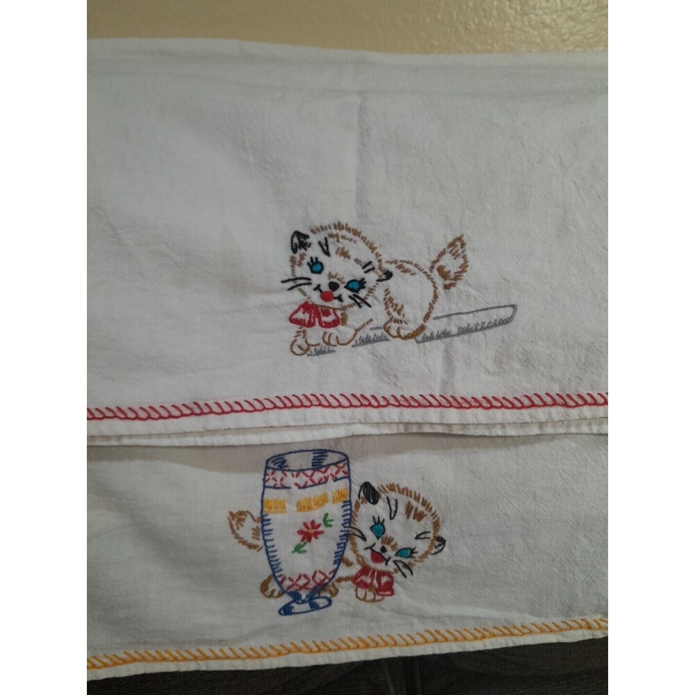 Vintage Hand Embroidered Tablecloth, Cats Square, Lot Of 2 33x34